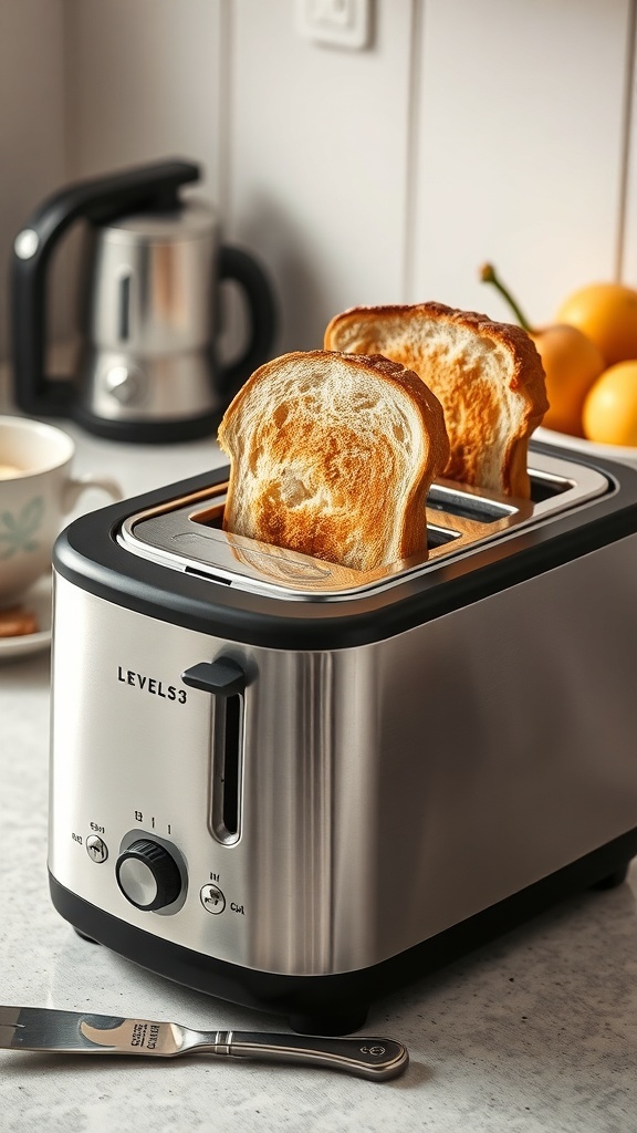 Perfectly Toasted Bread with a Level 3 Toaster A level 3 toaster with golden brown toast popping up, set in a cozy kitchen.